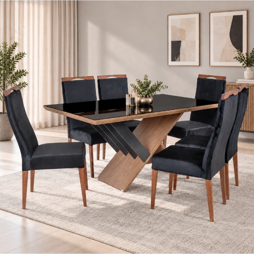 Conjunto Sala de Jantar Mesa 154cm com Tampo de Vidro Madri com 6 Cadeiras Grécia Madetal
