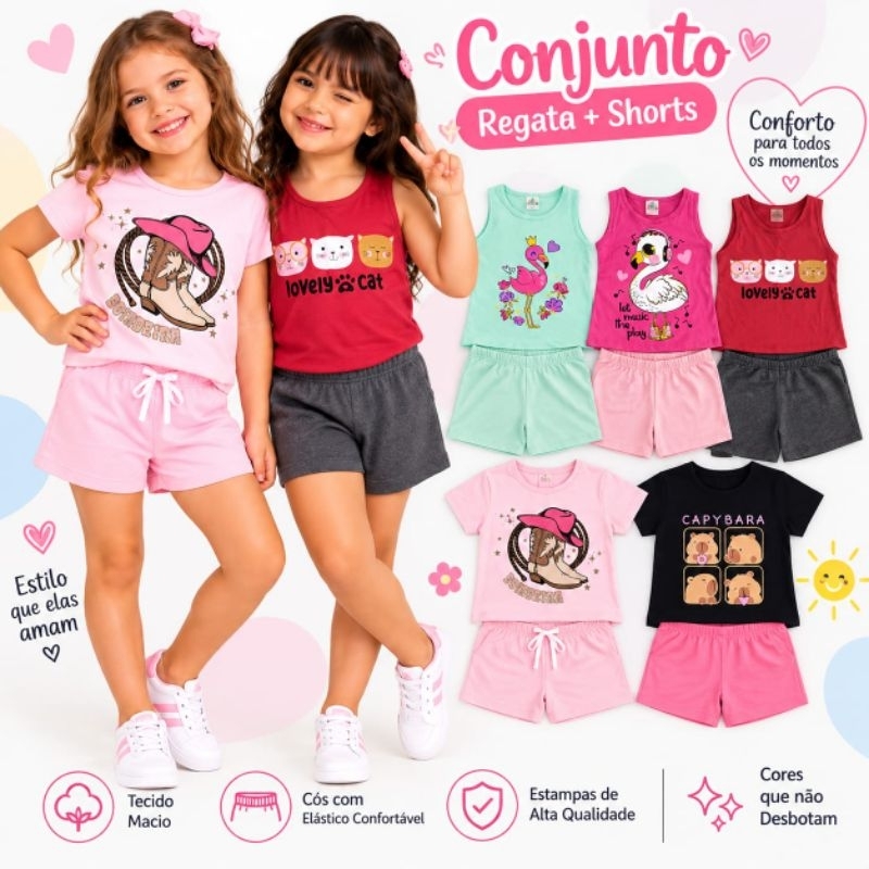 Kit Conjunto Infantil Menina 2 ao 12 Anos | Camiseta ou Regata + Shorts Infantil | Roupa Infantil Menina Verão