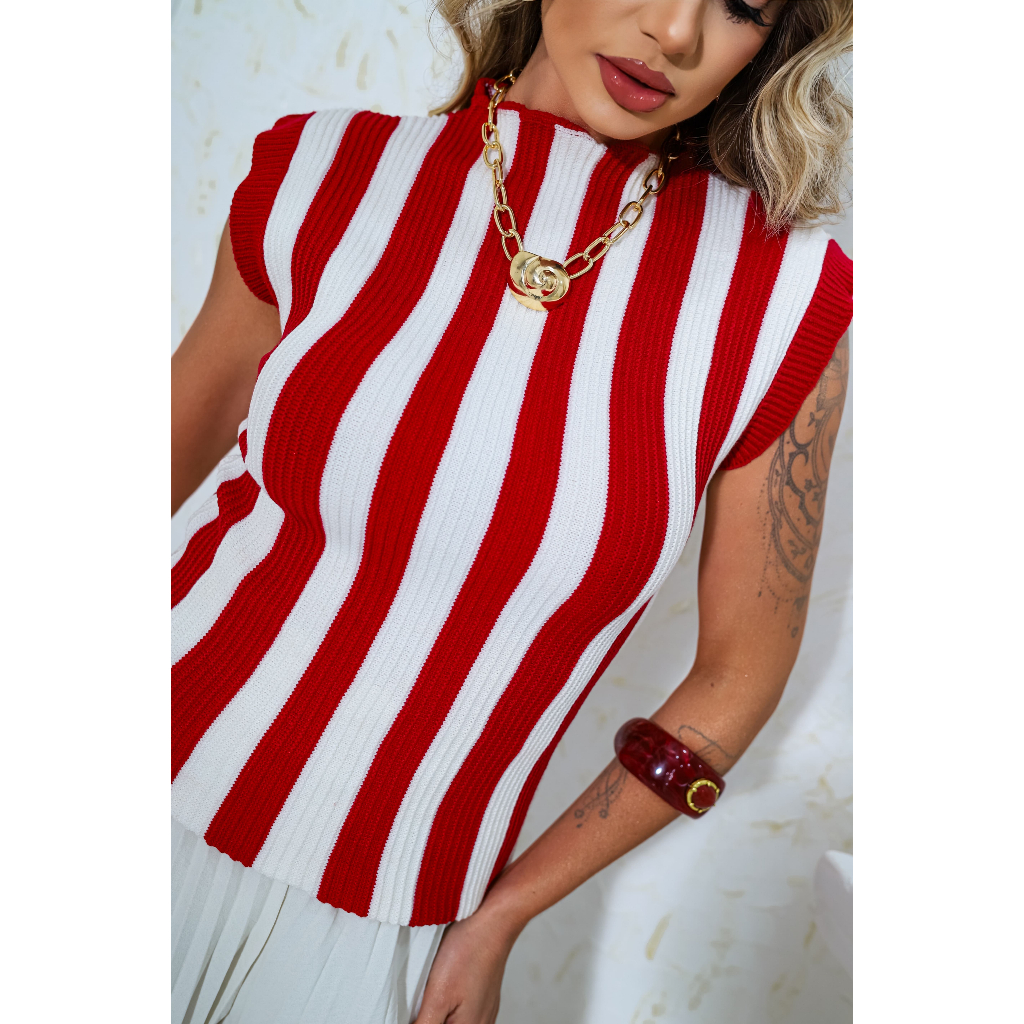 Blusa Canelada Feminina de Tricot Modal Listrada Gola Alta Regata Elegante Luxo Premium Moda Verão