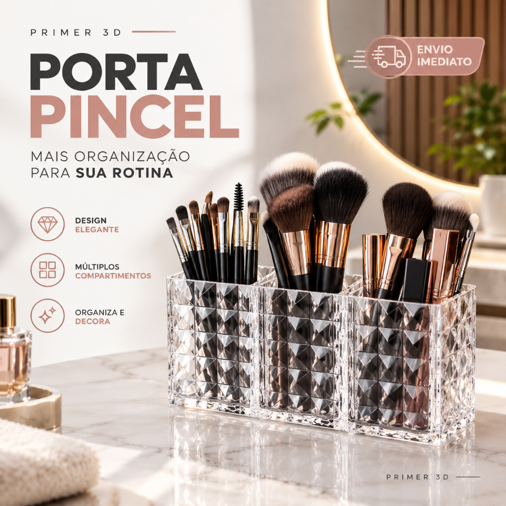 Porta Pincel 3 Divisorias Organizador De Mesa Acrílico Maquiagem Batom Banheiro Quarto Escritório