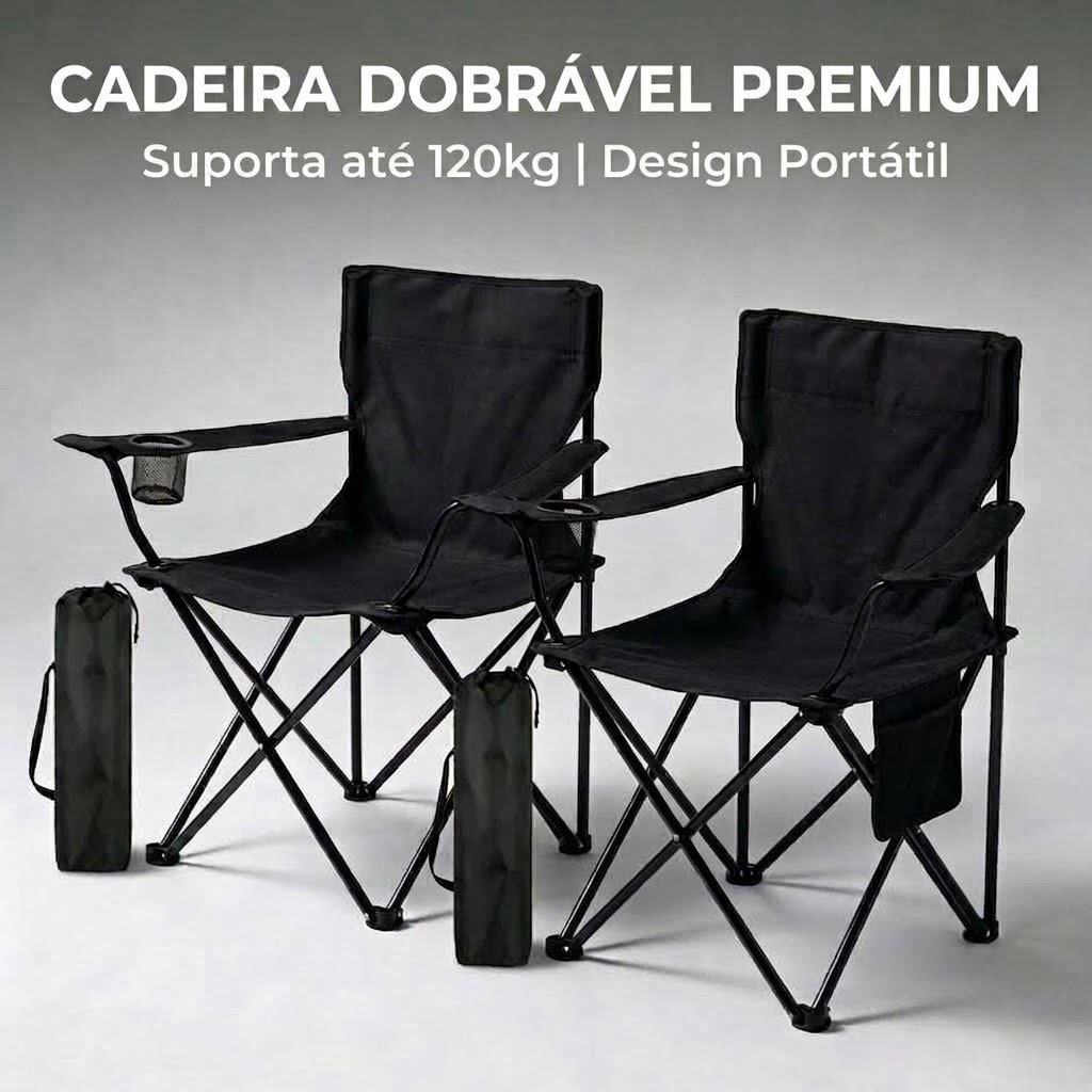 Kit Cadeiras Dobráveis Portáteis Preto Suporta 120kg com Porta Copos e Bolsa para Camping Praia Pesca