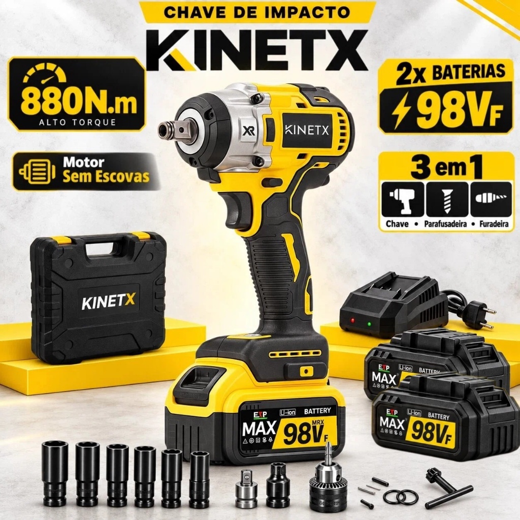 Chave De Impacto 880Nm KINETX 98Vf Sem Fio Motor Sem Escovas Parafusadeira Furadeira Profissional 2 Baterias + Maleta