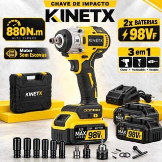 Chave De Impacto 880Nm KINETX 98Vf Sem Fio Motor Sem Escovas Parafusadeira Furadeira Profissional 2 Baterias + Maleta