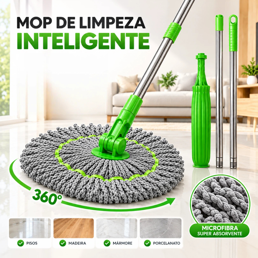 Mop Giratório 360° 50cm Microfibra Premium Cabo Inox Esfregão Limpeza Seca e Úmida