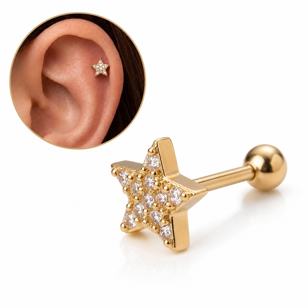 Piercing Cartilagem Orelha Estrela Cheia Zircônia Brilhante Aço Inoxidável Parafuso Jóia Feminina Moda