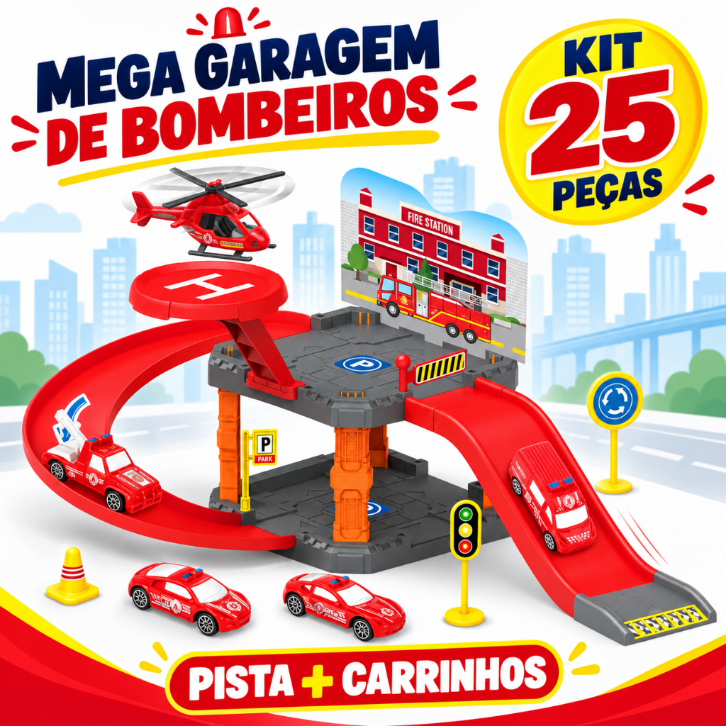 Garagem Infantil de Bombeiros 25 Peças com Pista e Carrinhos Brinquedo de Montar
