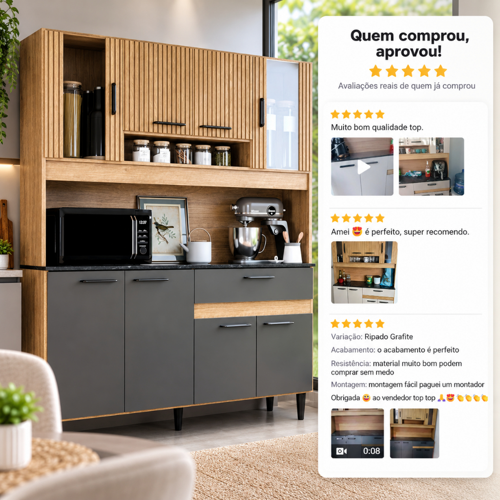Armário de Cozinha Completa Coral 120cm Com Balcão de 8 Portas e Gaveta Compacta Com Detalhe em Vidro · foto 2