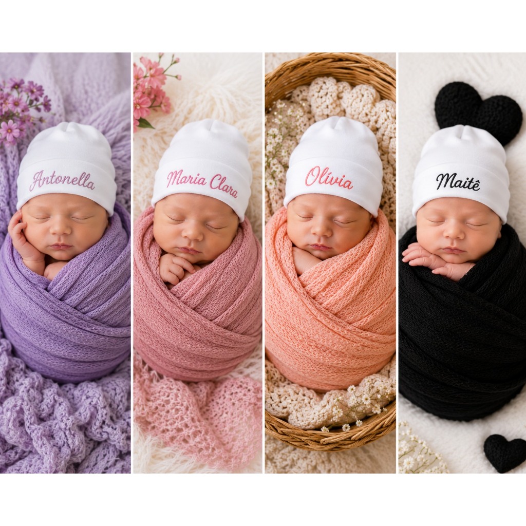 Touca RN Bebe Personalizada Nome Enxoval Recém Nascido Saída Hospital Maternidade Hipoalergênico Gorro Menino Menina
