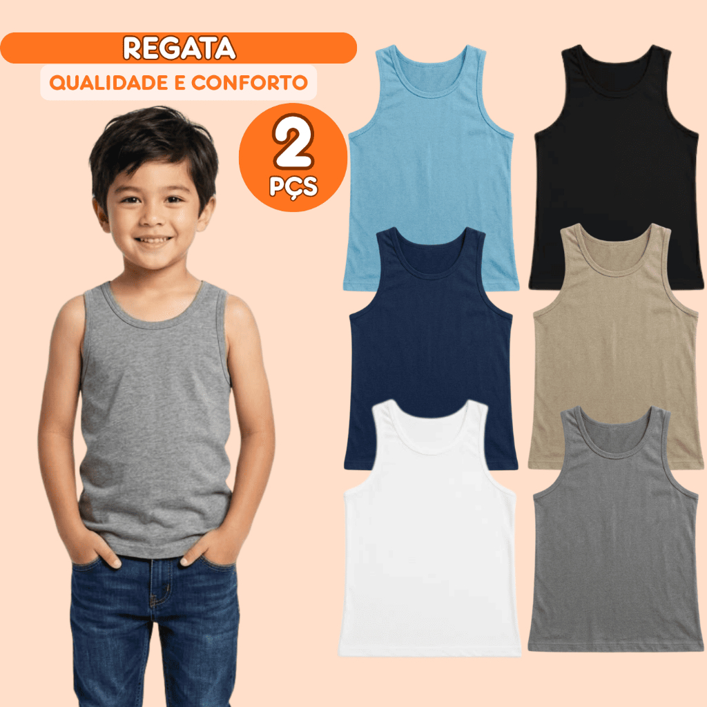 Kit Sortido 2 Regatas Infantil Menino Básica Lisa Tamanho 2 ao 14 Roupa Infantil Bebê Menino Verão Masculino