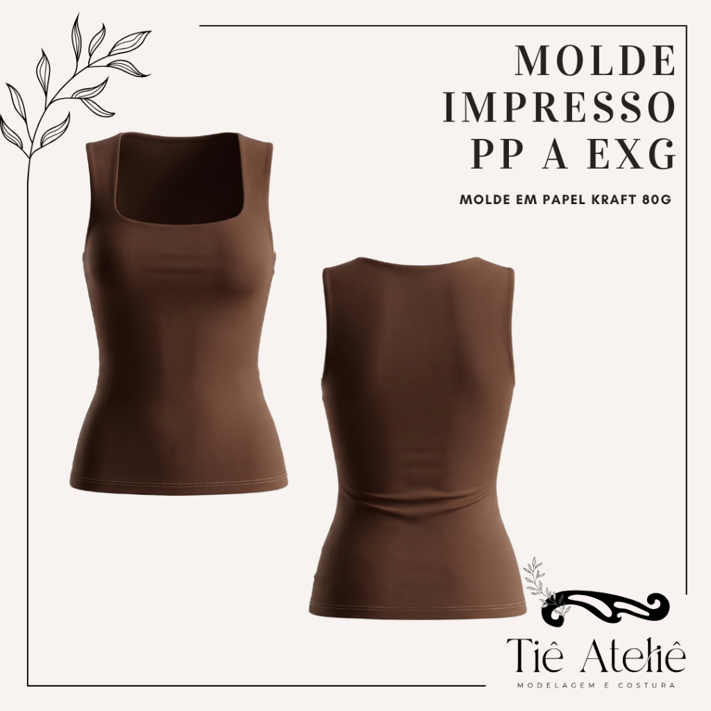 MOLDE EM PAPEL KRAFT DE REGATA BLUSA COM DECOTE QUADRADO PARA COSTURA MODELAGEM EM PAPEL KRAFT