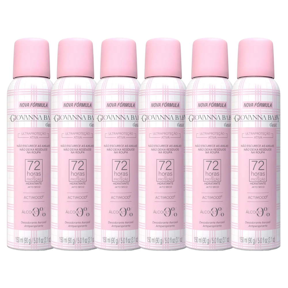 Kit 6 Desodorantes Antitranspirantes Aerossol Giovanna Baby Classic 72h 150ml