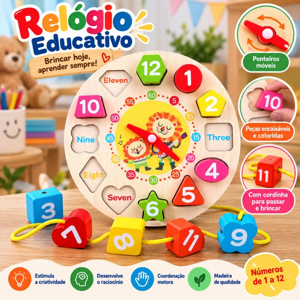 Relógio Montessori Madeira Educativo Encaixe Didático Infantil para Bebês