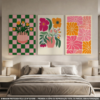 Quadro Decorativo Arte Moderna Abstrata Floral Minimalista Retrô | Kit 3 Peças em MDF
