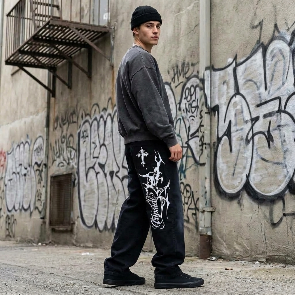 Calça Baggy Balão Reta Estonada Jeans Cinza Marmorizado Larga Carpenter Streetwear Skatista Premium