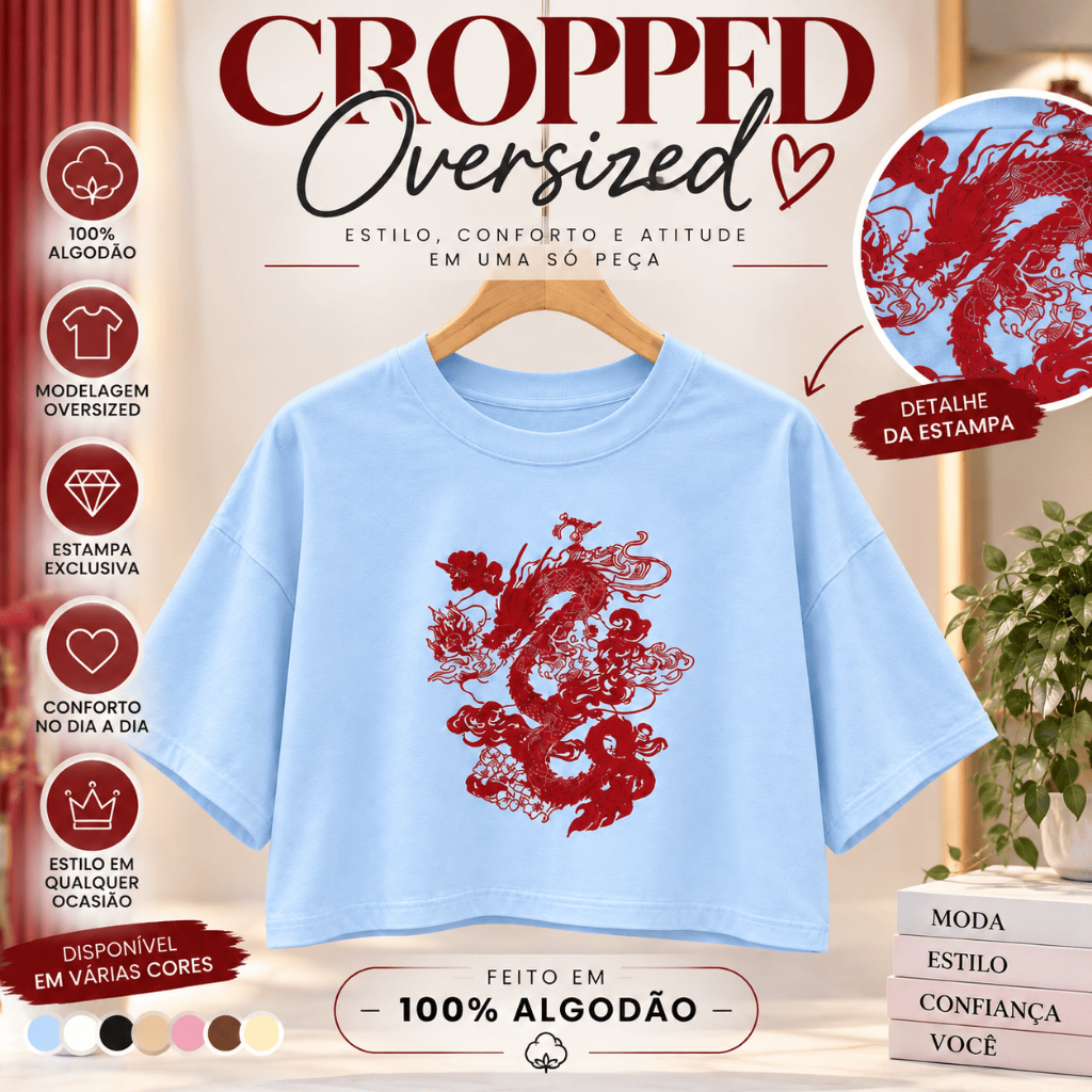 Cropped Feminino Oversized Dragão Oriental 100% Algodão Estampado Confortável Moda Casual Streetwear Manga Curta