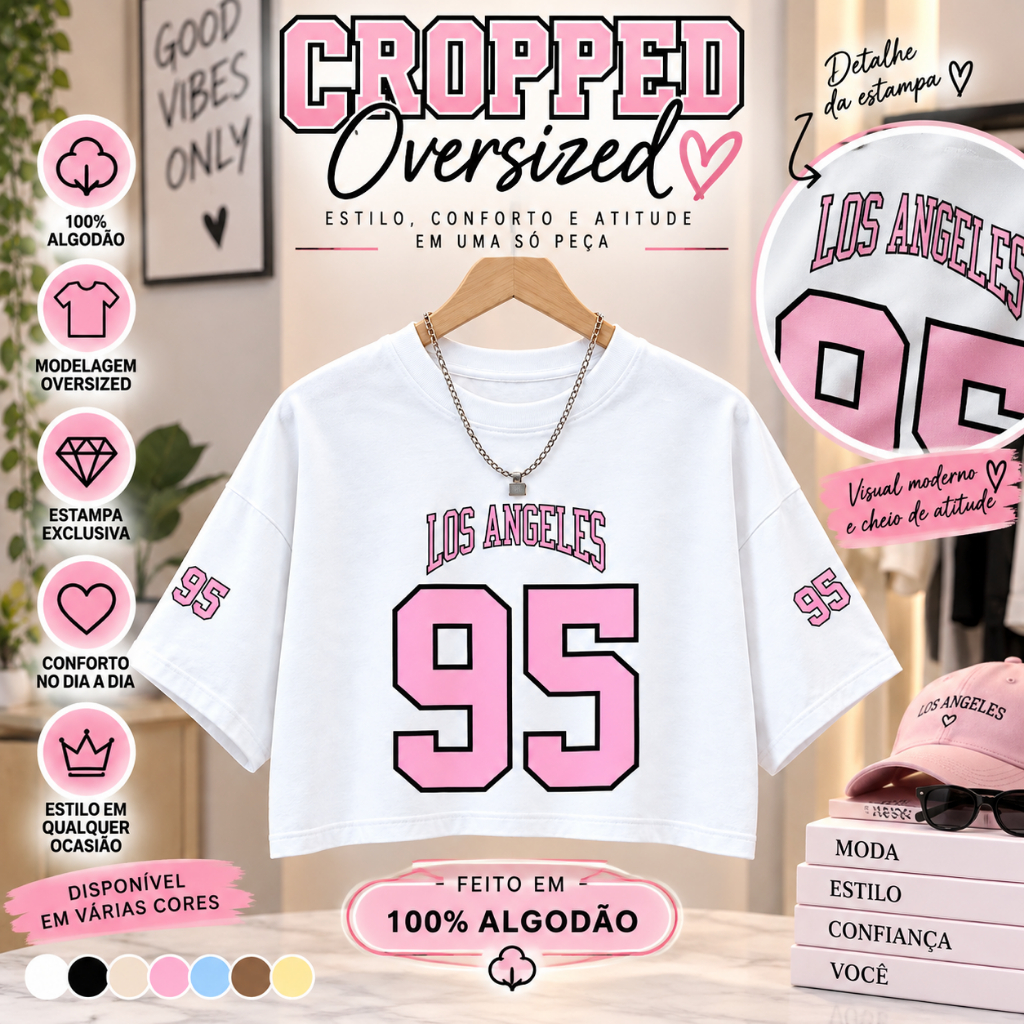 Cropped Feminino Oversized Los Angeles 95 100% Algodão Estampa College Moda Casual Streetwear Confortável Manga Curta