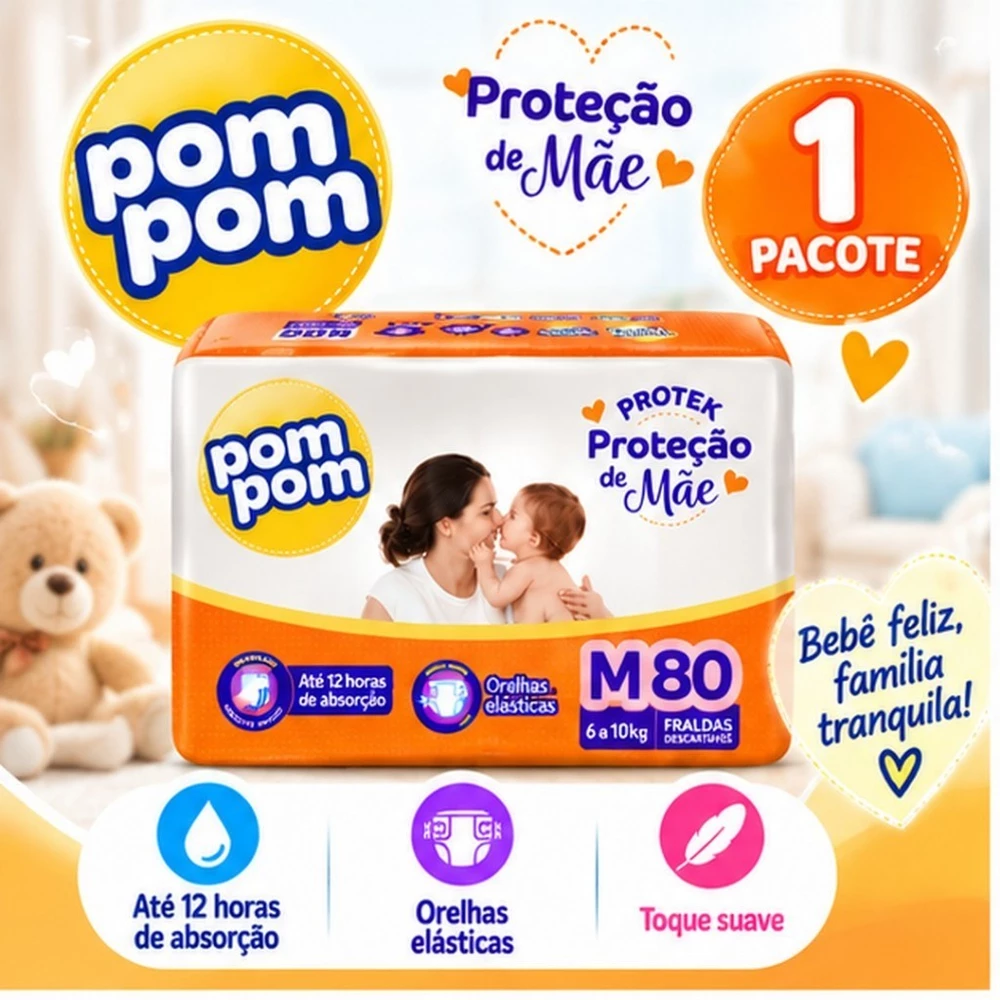 Fralda Pom Pom Derma Protek Hiper Tamanho M - 80 Unidades - Pele Hidratada
