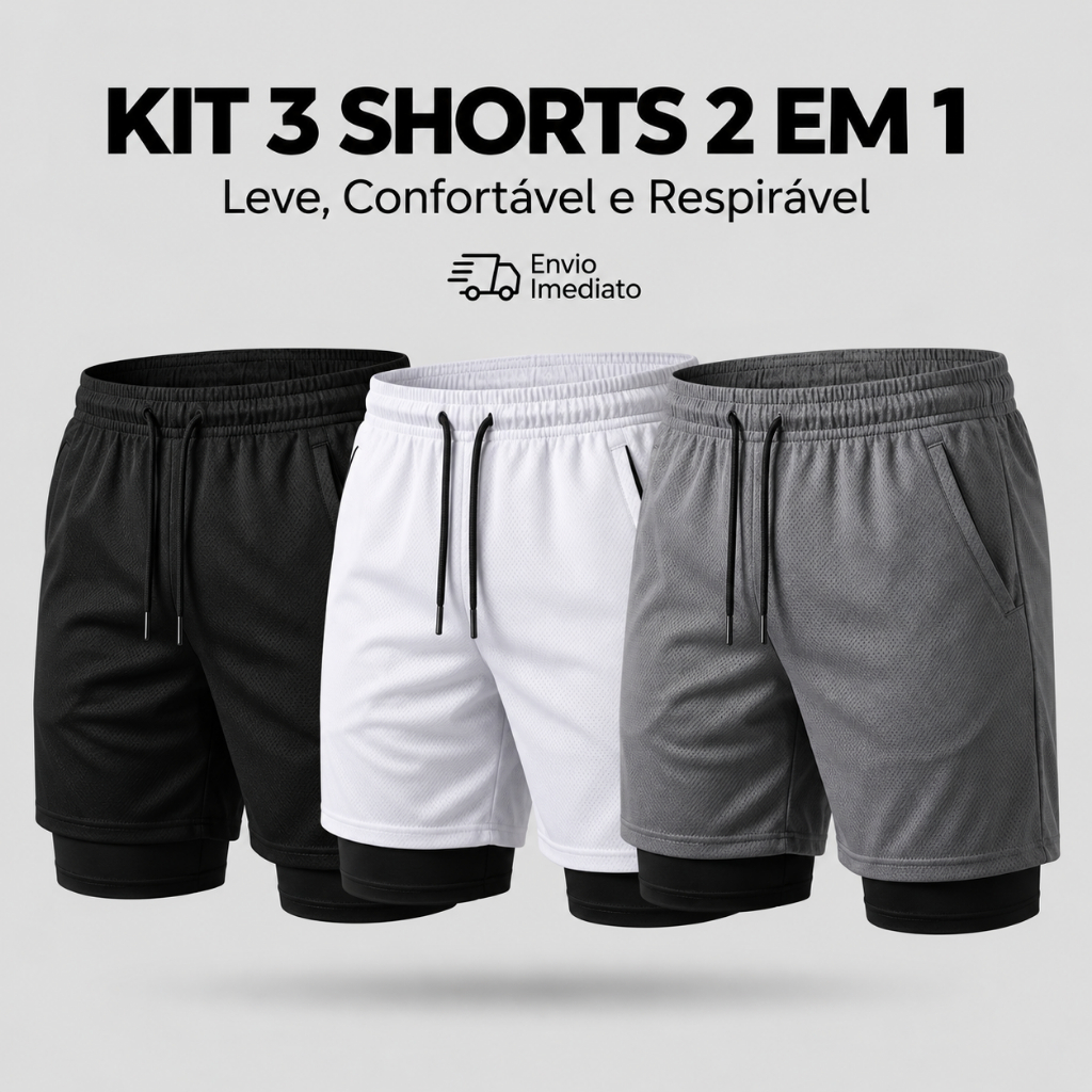 Kit 3 Shorts 2 em 1  Masculino Dry Fit com Bolso e Compressão Academia Corrida Treino