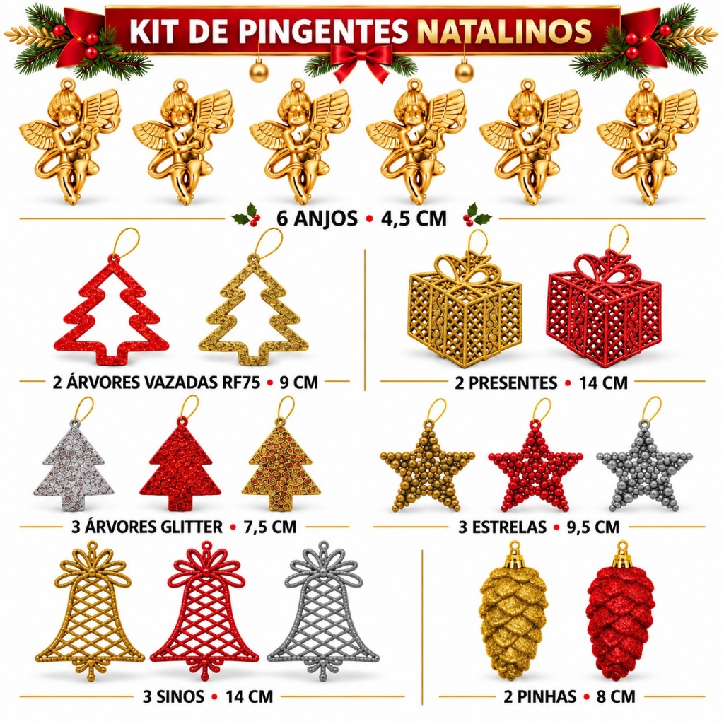 Kit 21 Pingentes Natalinos para Árvore de Natal Anjos Presentes Árvores Estrelas Sinos Enfeites Decoração Natalina