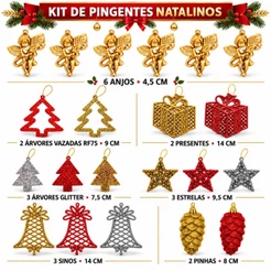 Kit 21 Pingentes Natalinos para Árvore de Natal Anjos Presentes Árvores Estrelas Sinos Enfeites Decoração Natalina