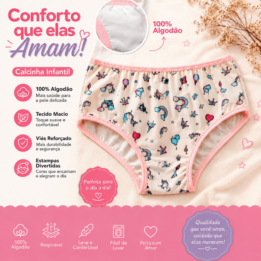 Kit 10 Calcinhas Infantil de Malha Estampadas 100% Algodâo Menina Tradicional Tapa Bumbum