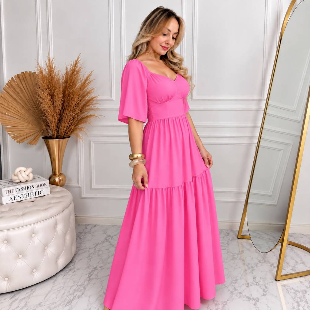 VESTIDO LONGO LUXO ELEGANTE CONFORTAVEL MANGA FLARE VISCOLINHO PRIMAVERA VERAO