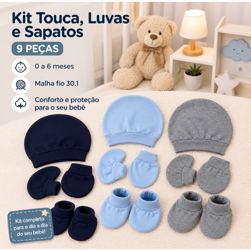 Kit Touca ,Luvas e Sapatos Para Bebê Recém Nascido