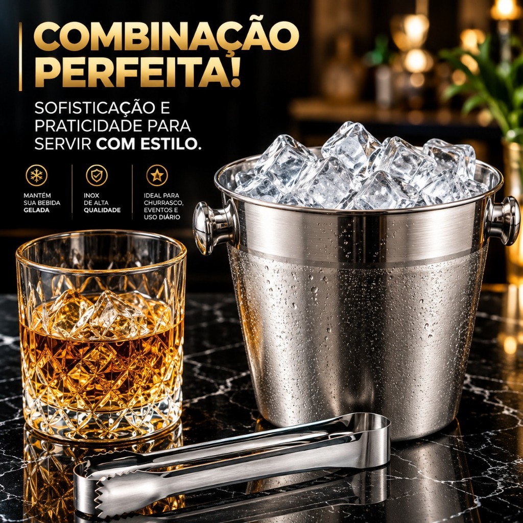 Balde de Gelo Inox 900ml com Pegador Kit para Churrasco Bar Festa Bebidas " Envio Imediato "