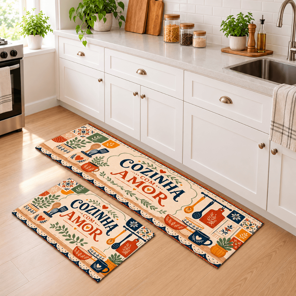 Kit 2 Tapetes Cozinha Passadeira 120x40 + Tapete 60x40 Antiderrapante Tecido Estampado Lavável