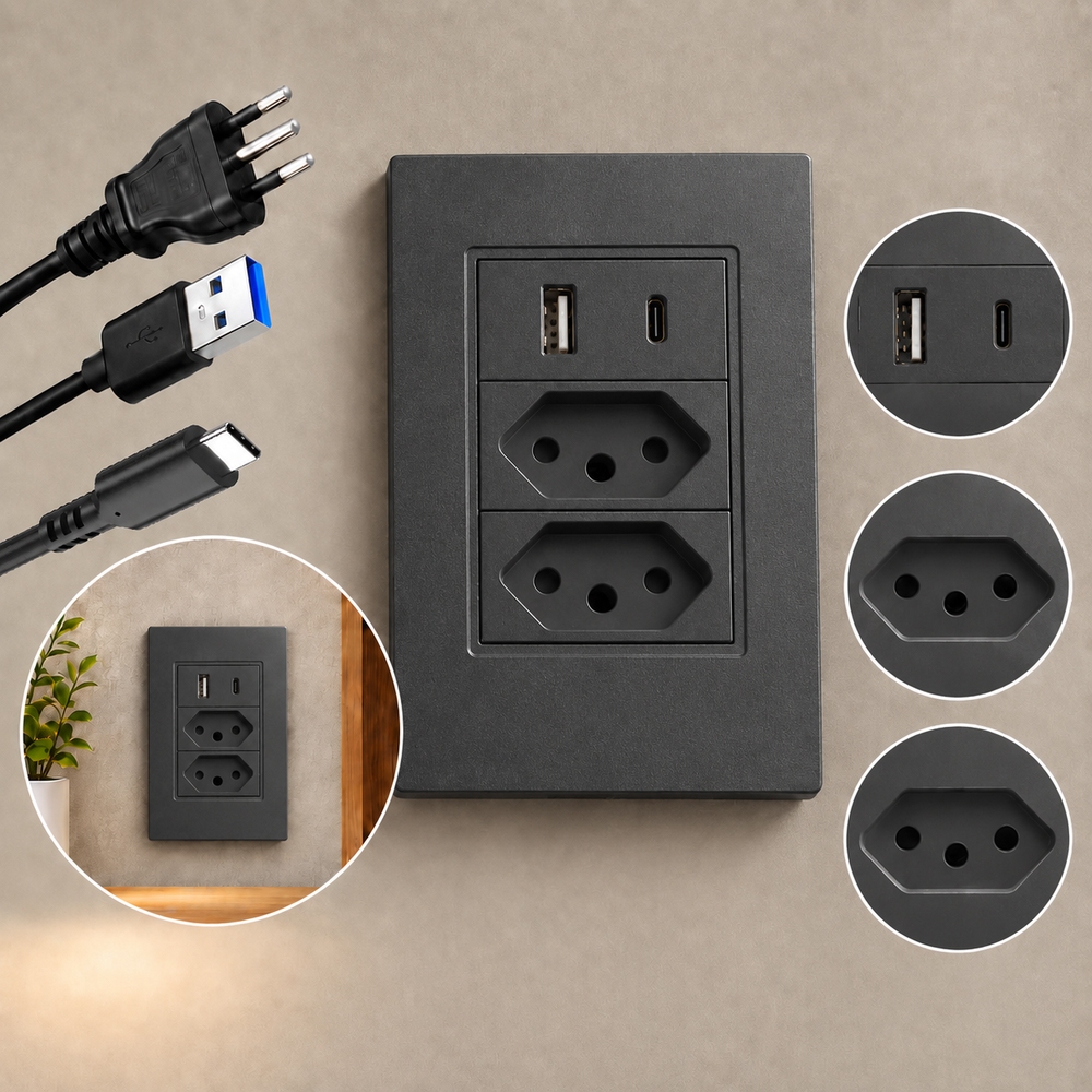 1/2/3 Tomada de Parede Dupla Com Entrada Usb e tipo C 5V Bivolt - 4 em 1 Carregamento Rápido Multi Carregamento