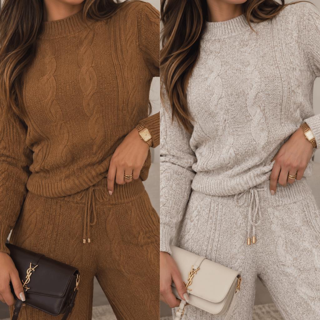 Conjunto de Tricot Mousse Calça Pantalona Cordão Ajustável+Blusa Manga Bufante Inverno