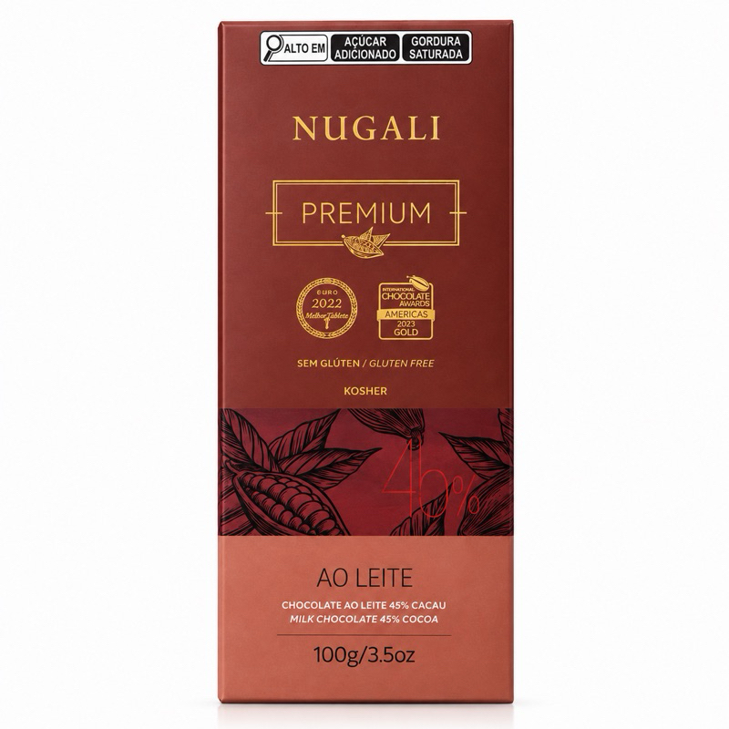 Chocolate Nugali Premium Ao Leite 45% Cacau 100g Sem Glúten Barra Chocolate Gourmet