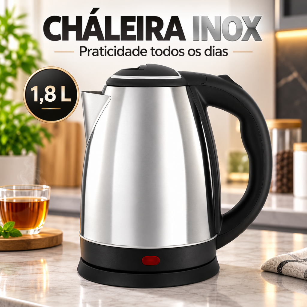 Chaleira Elétrica Inox 1,8L 1000W Desligamento Automático Aquecimento Rápido Jarra Bule para Chá Café e Chimarrão