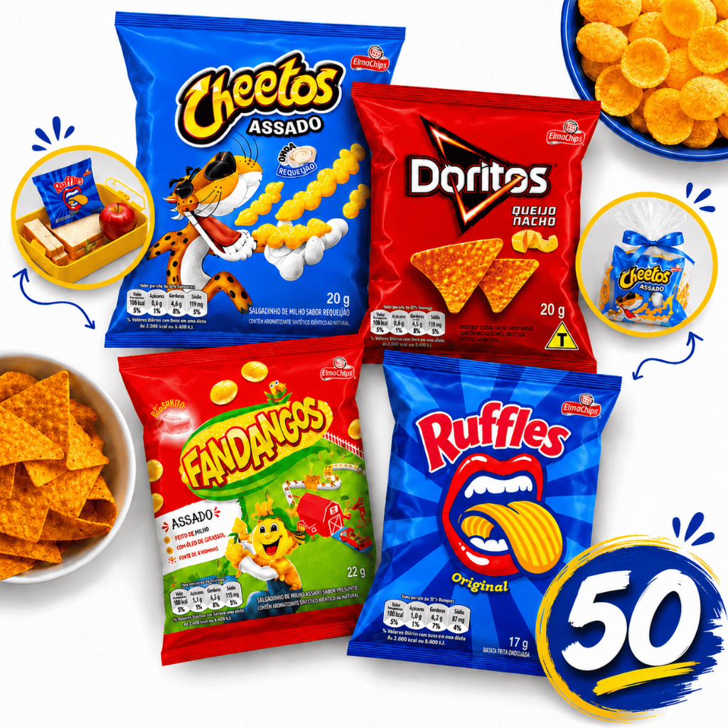Kit 50 Salgadinhos Sortidos Elma Chips Doritos Cheetos Ruffles Fandangos Festa Lanche Lembrancinha Presente
