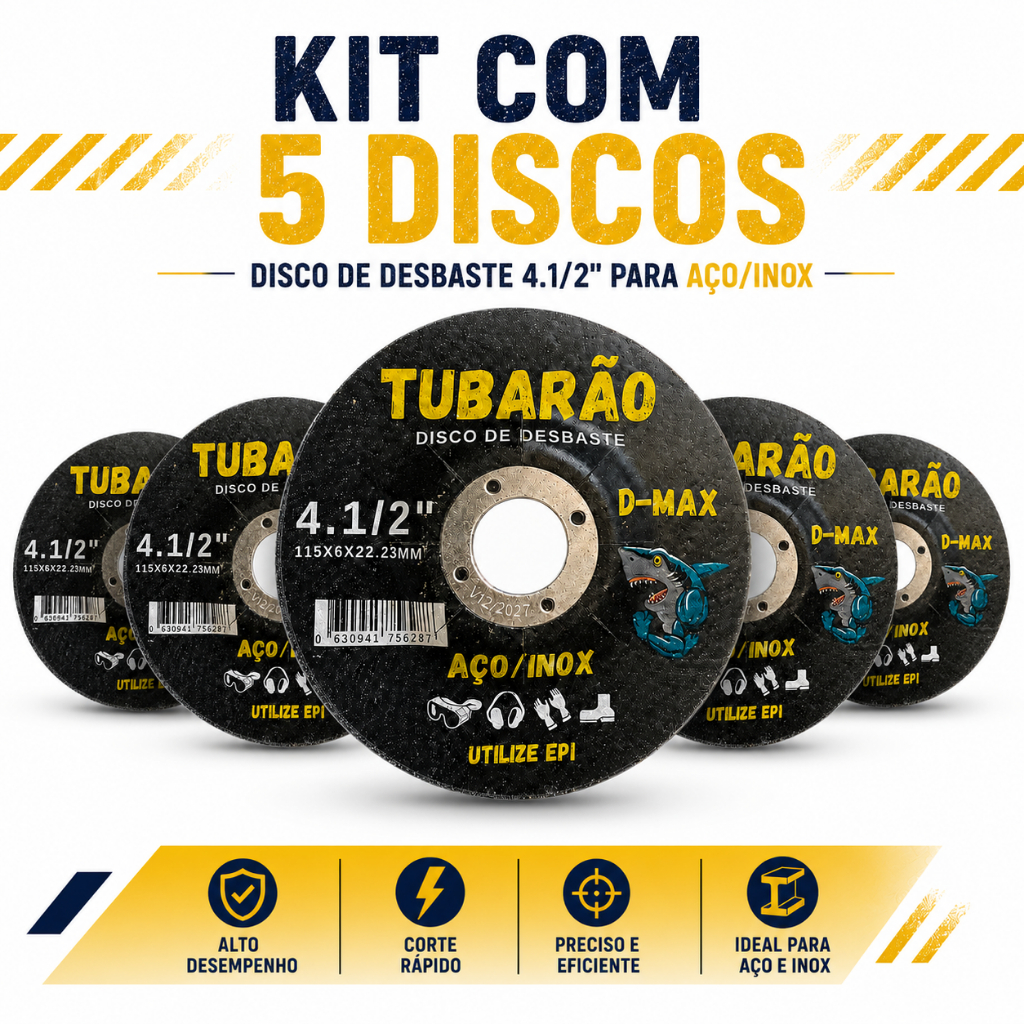5x Disco de Desbaste 4.1/2" 115mm - Tubarão