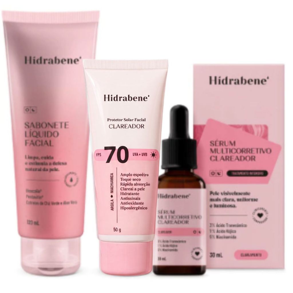 Imagem Kit Clareador Facial - Sabonete Líquido + Protetor Solar Clareador 70 FPS + Sérum Multicorretivo Clareador