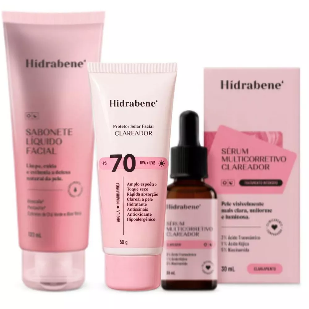 Kit Hidrabene Clareador Skincare Clareador Facial: Sabonete, Protetor 70 FPS e Sérum Multicorretivo