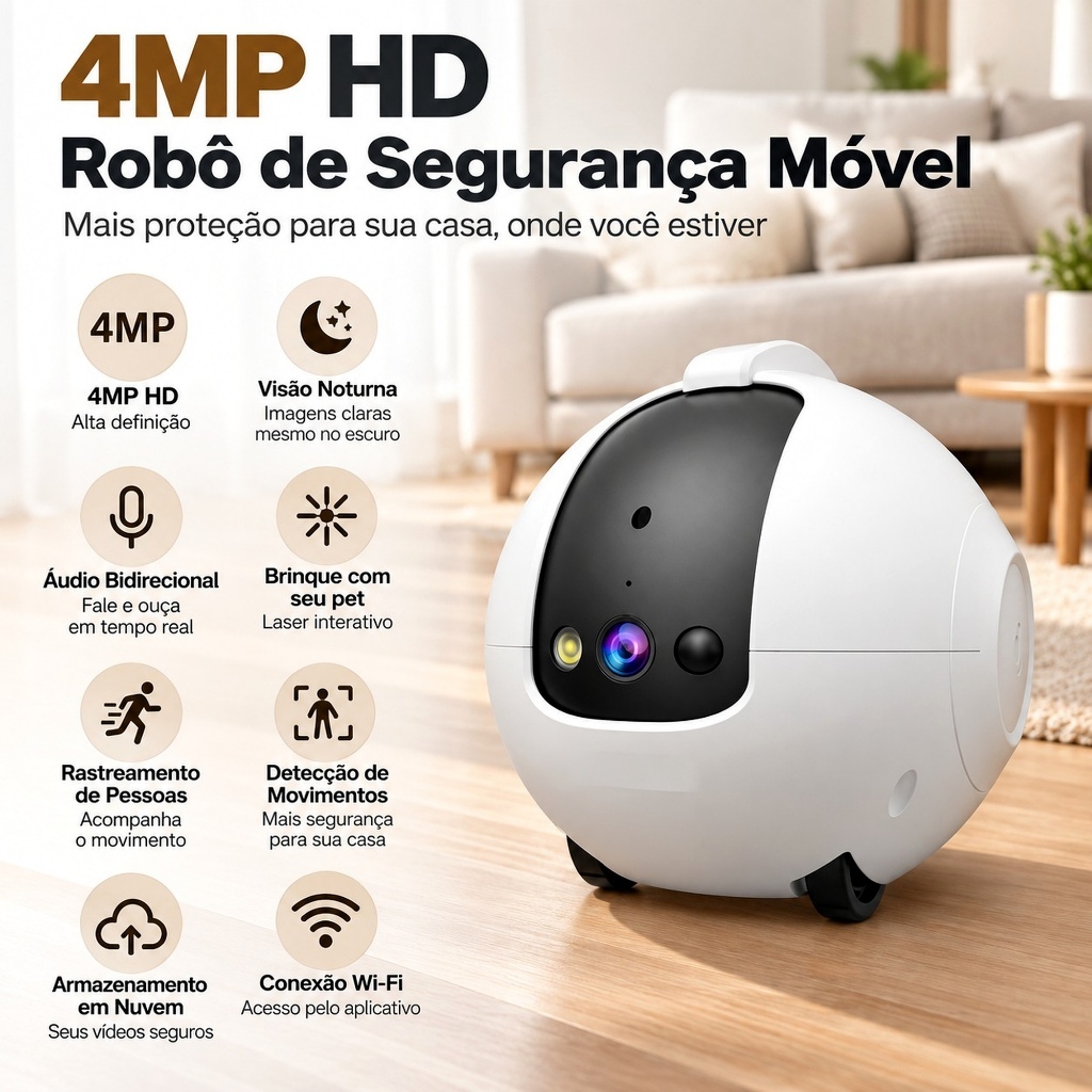 Câmera Robô Inteligente Wi-Fi HD Segurança Residencial Móvel com Visão Noturna, Áudio, Rastreamento e Monitoramento