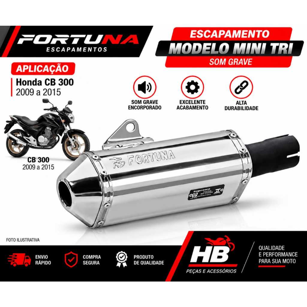Escapamento Cb 300r do ano de 2009 a 2015 Fortuna F1 Mini Tri Oval Preto/cromado