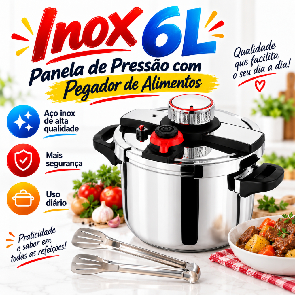 Panela de Pressão Inox 304 6L 100kPa para Indução e Gás com Pegador de Alimentos Cozimento Rápido