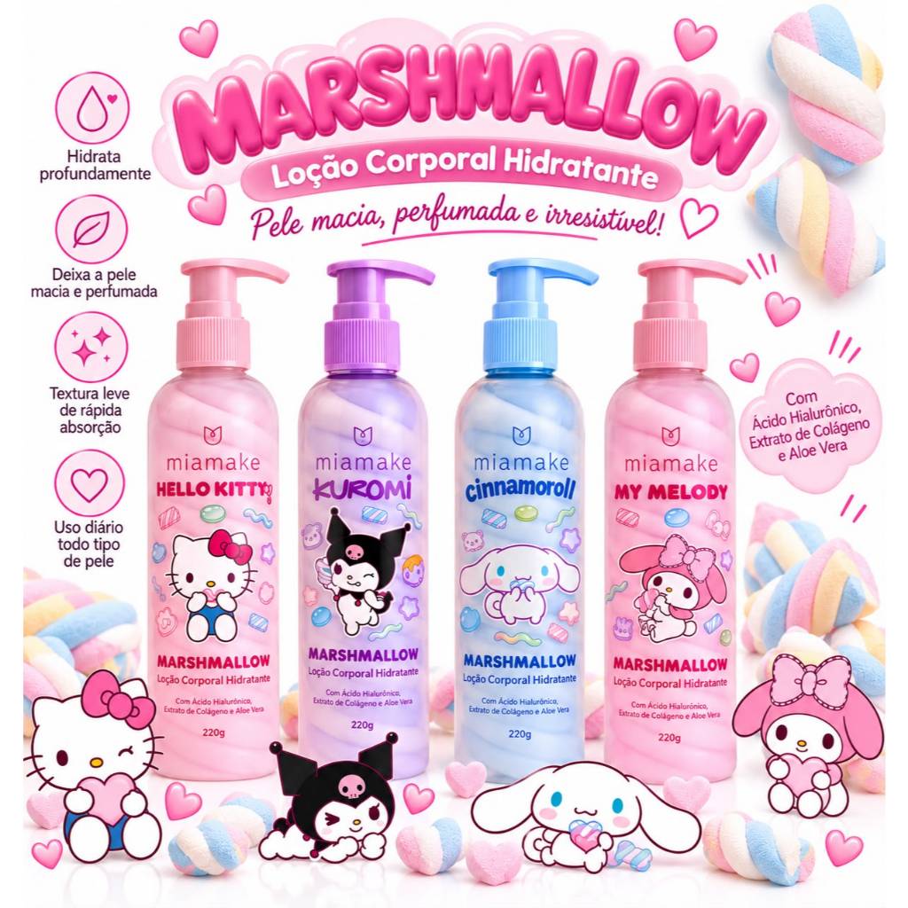 Loção Creme Hidratante Corporal Marshmallow Infantil/Adulto Hello e Friends