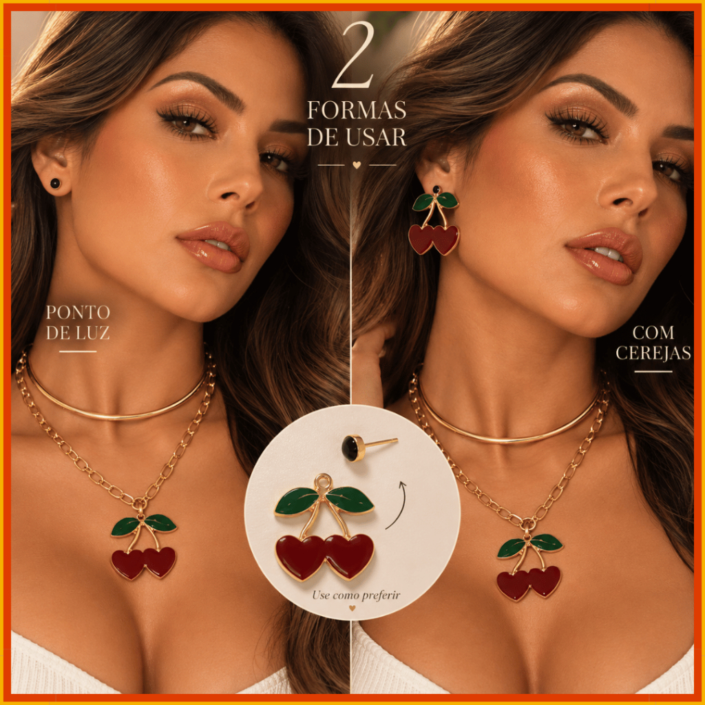 Kit Colar + Brincos Cereja Dourado – Acessório Feminino Fofo Elegante Tendência 2026 colar duplo