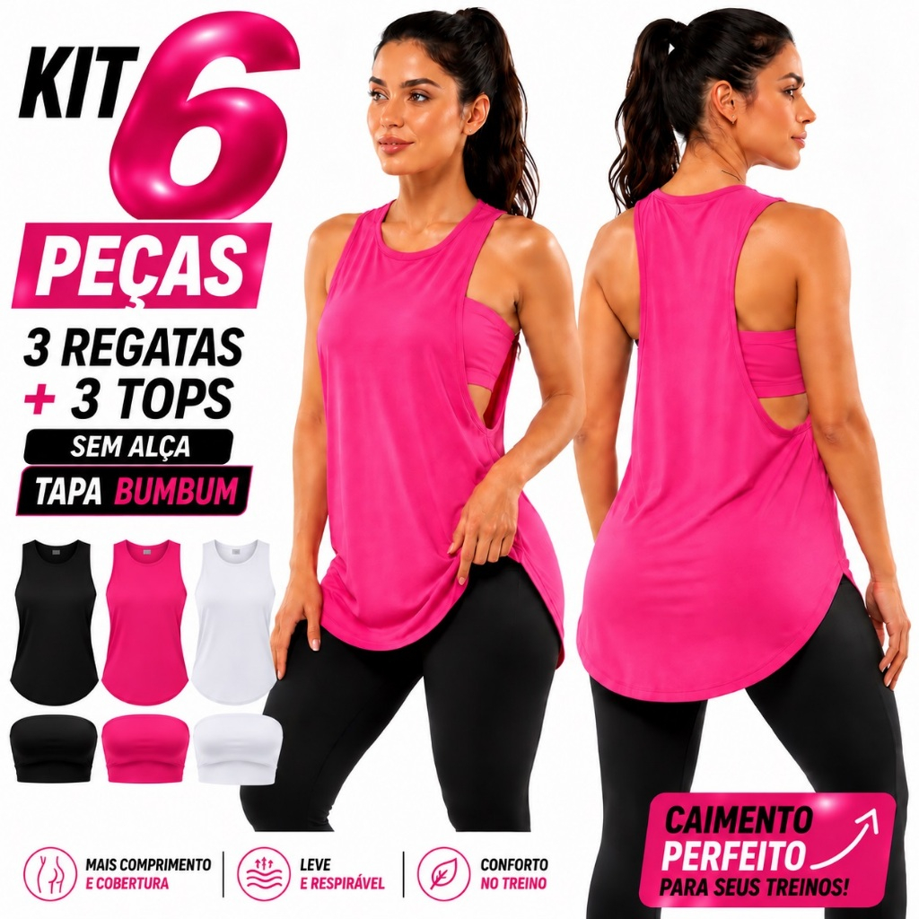 Kit 6 Peças 3 Regatas Fitness Tapa Bumbum + 3 Tops Faixa Sem Alça Feminino Academia Treino