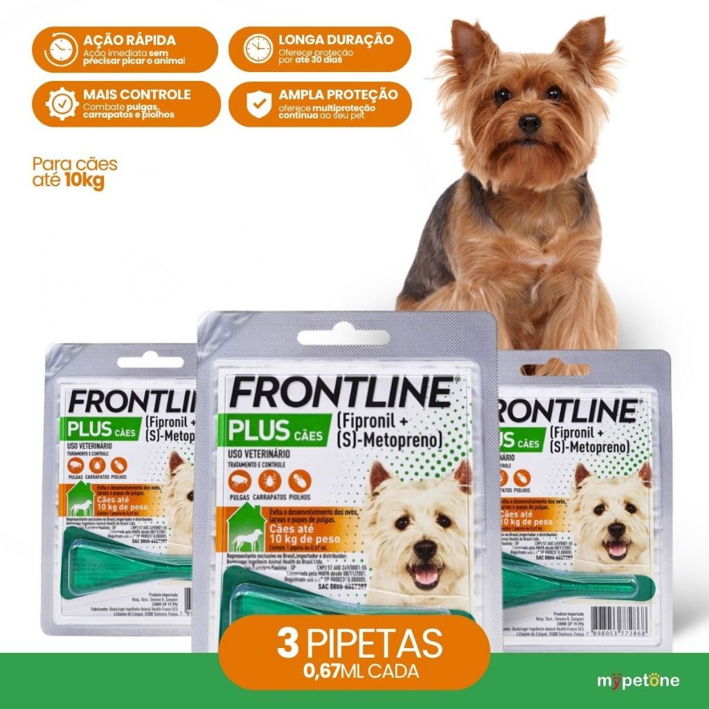 Kit 3 Antipulgas e Carrapatos Frontline Plus para Cães de 1 a 10 Kg - 1 Pipeta - 0,67 mL