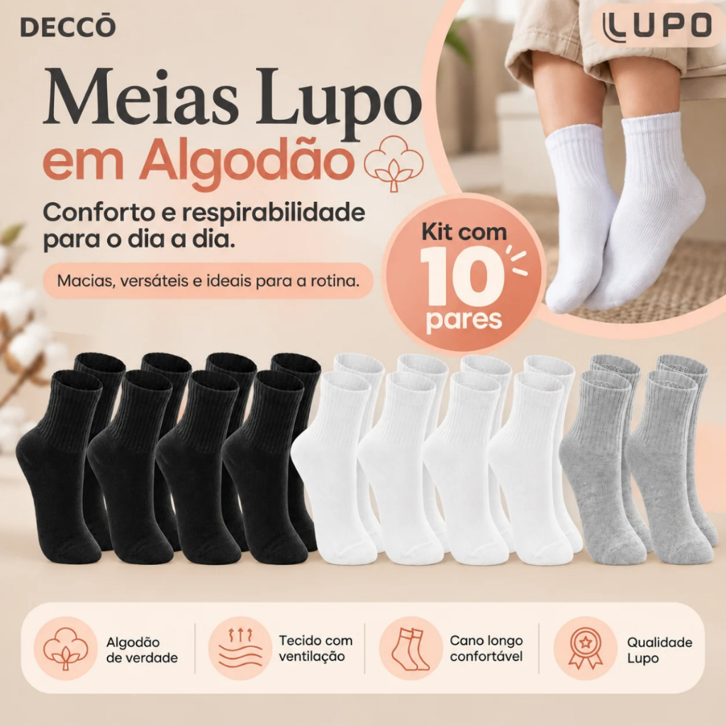 Kit com 10 Pares de Meias Lupo Sport Infantil Cano Médio Algodão Cores Básicas Menino e Menina