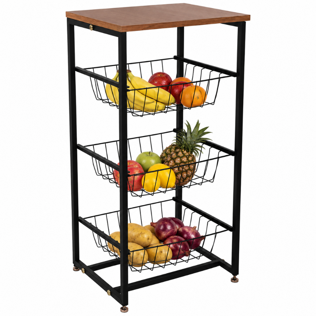 Fruteira de Chão Cozinha 3 Cestos MDF