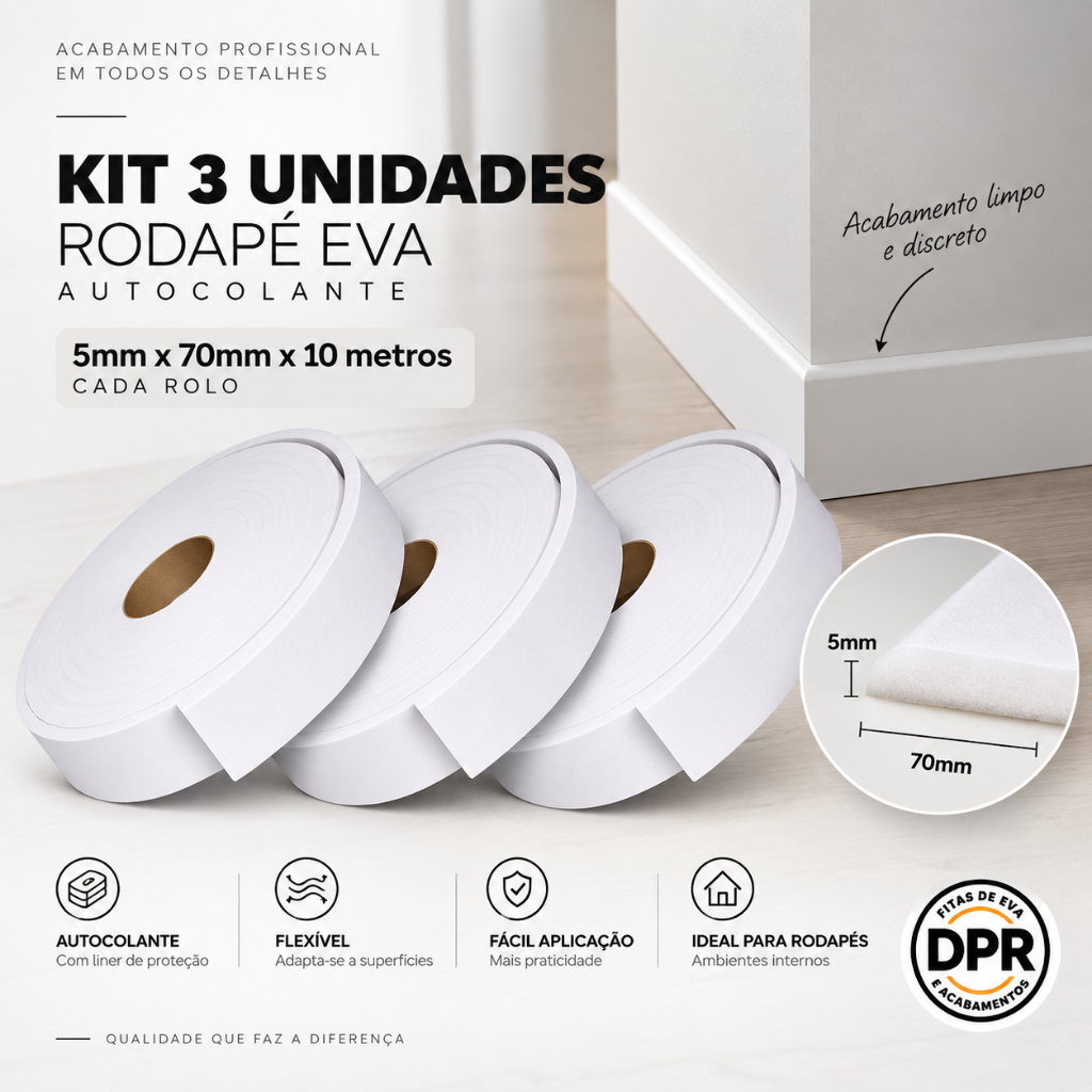Kit De 3 Fitas - Rodape Moldura Ripado Rodateto EVA Autocolante Flexivel Branco 5mmx7cmx30metros
