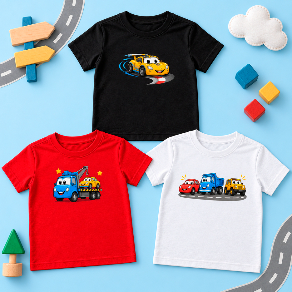 Kit 3 Camisetas Masculina Infantil Juvenil Estampadas | T-Shirt Menino Moderna Casual Algodão Carrinhos Brinquedos Fofos