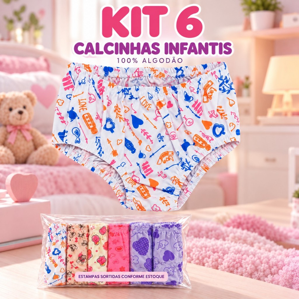 Kit 6 Calcinhas Infantis Kellynha 023 100% Algodão Estampas Sortidas P ao GG