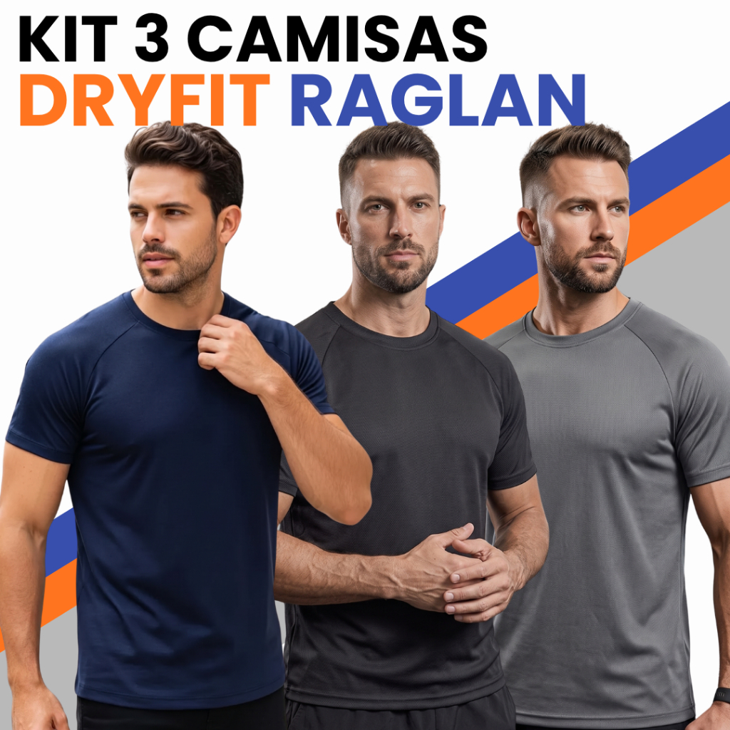 Kit 3 Camisetas Masculinas Dryfit Raglan Para Academia Treino Corrida Musculação Crossfit Slimfit
